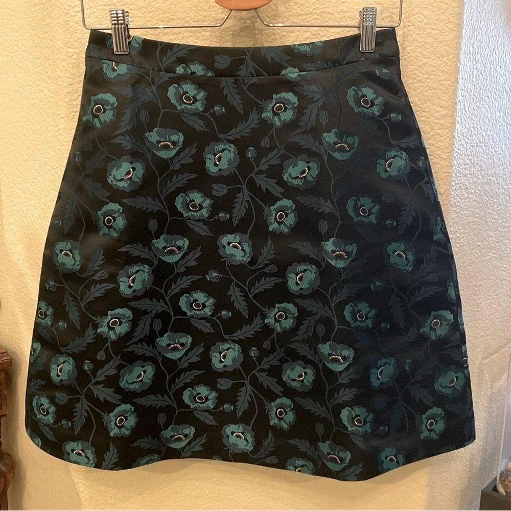 NWT~J. CREW Women Green Black Floral Jacquard A-Line Skirt Size 2